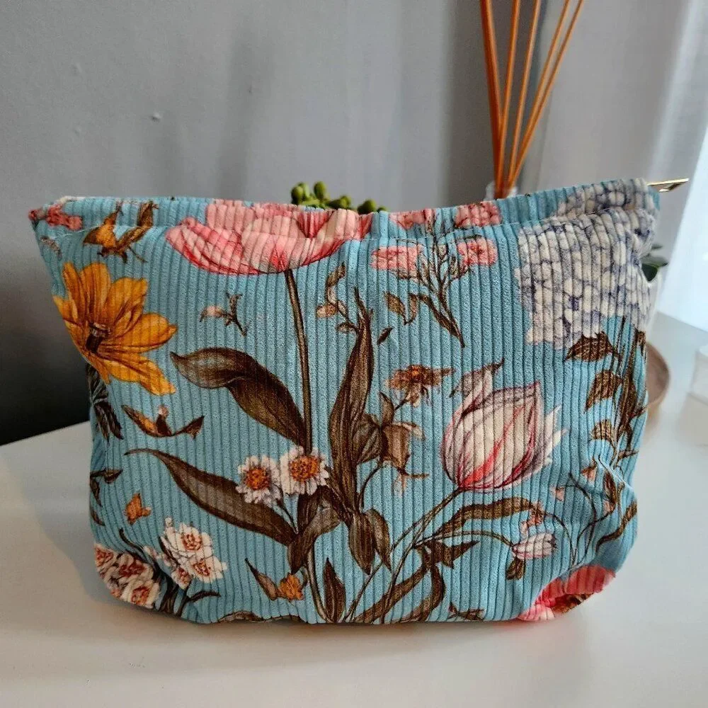 Blue Floral Corduroy Make Up Accessory Cosmetics Pouch NWOT Boho Cottage Fairy